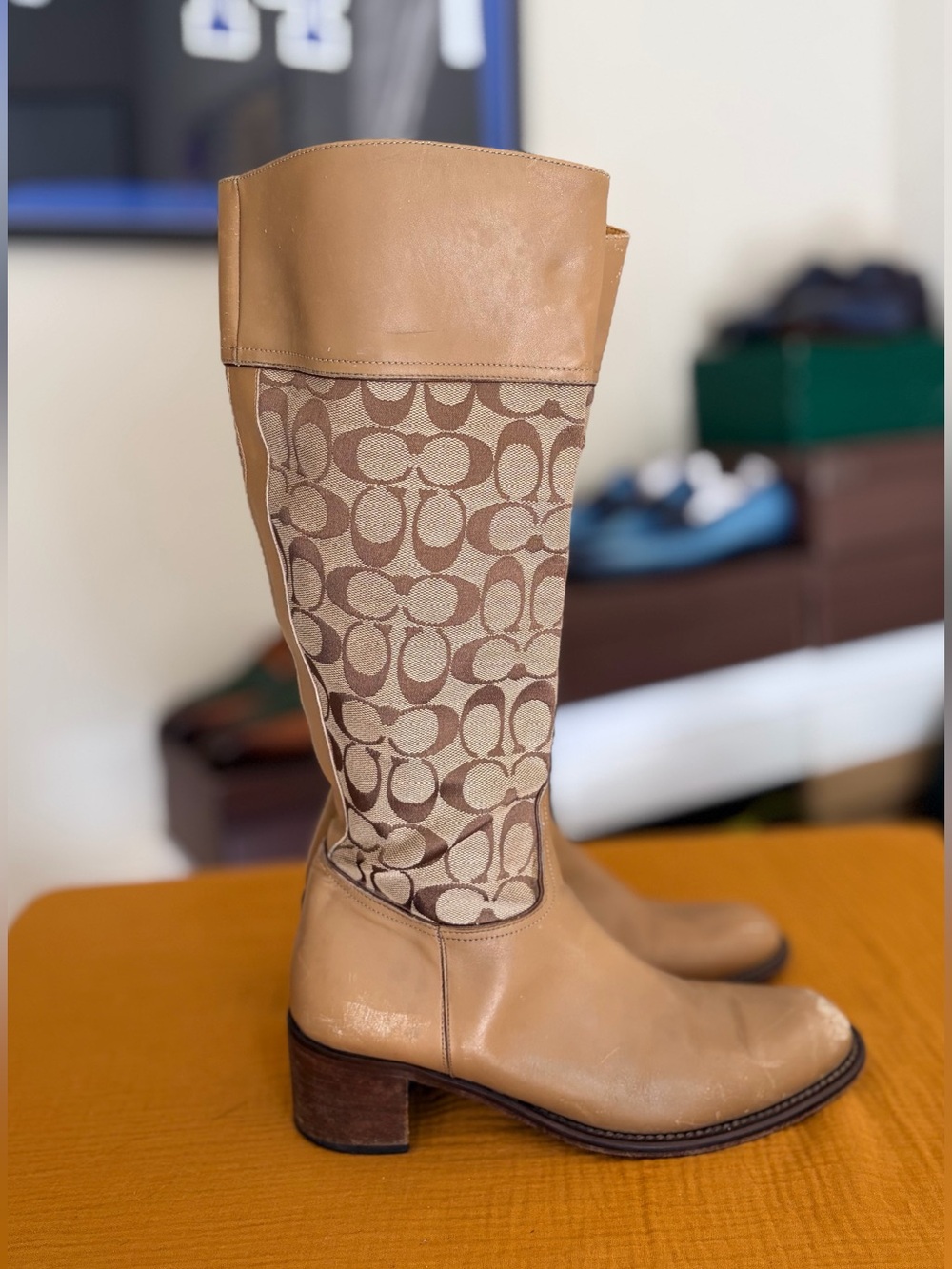 Vintage Coach Carole Signature C Jacquard Leather Knee-High Boots Tan Brown 8.5B